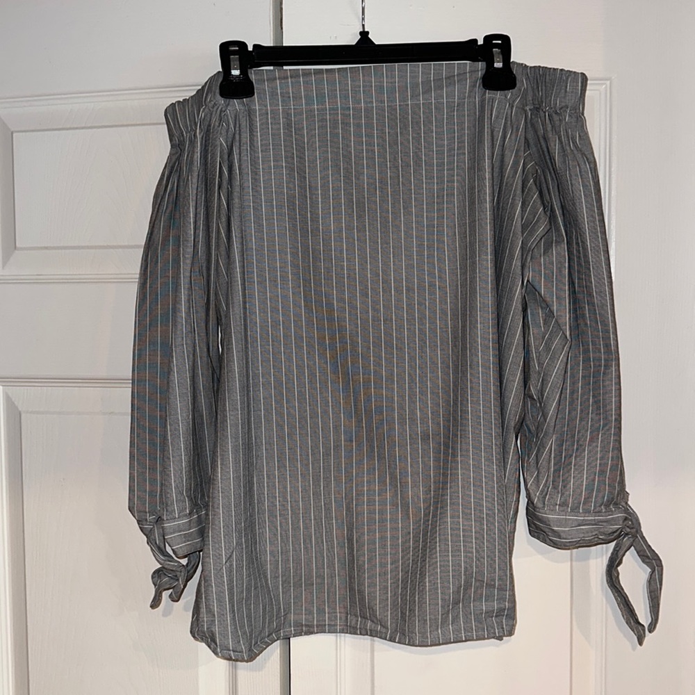 Banana Republic gray and white striped, off the shoulder blouse